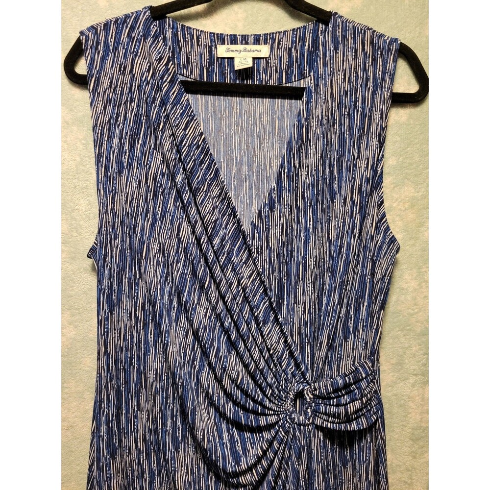 Tommy Bahama Sleeveless V-Neck Clara Dress Women L Blue White Striped Wrap Maxi